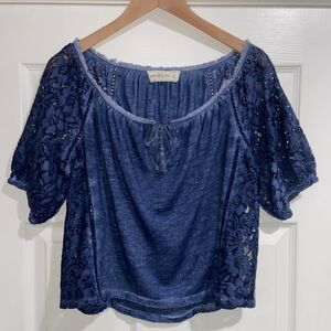 Abercrombie & Fitch MED Blue Peasant Top Cottagecore Boho Romantic Lace Milkmaid